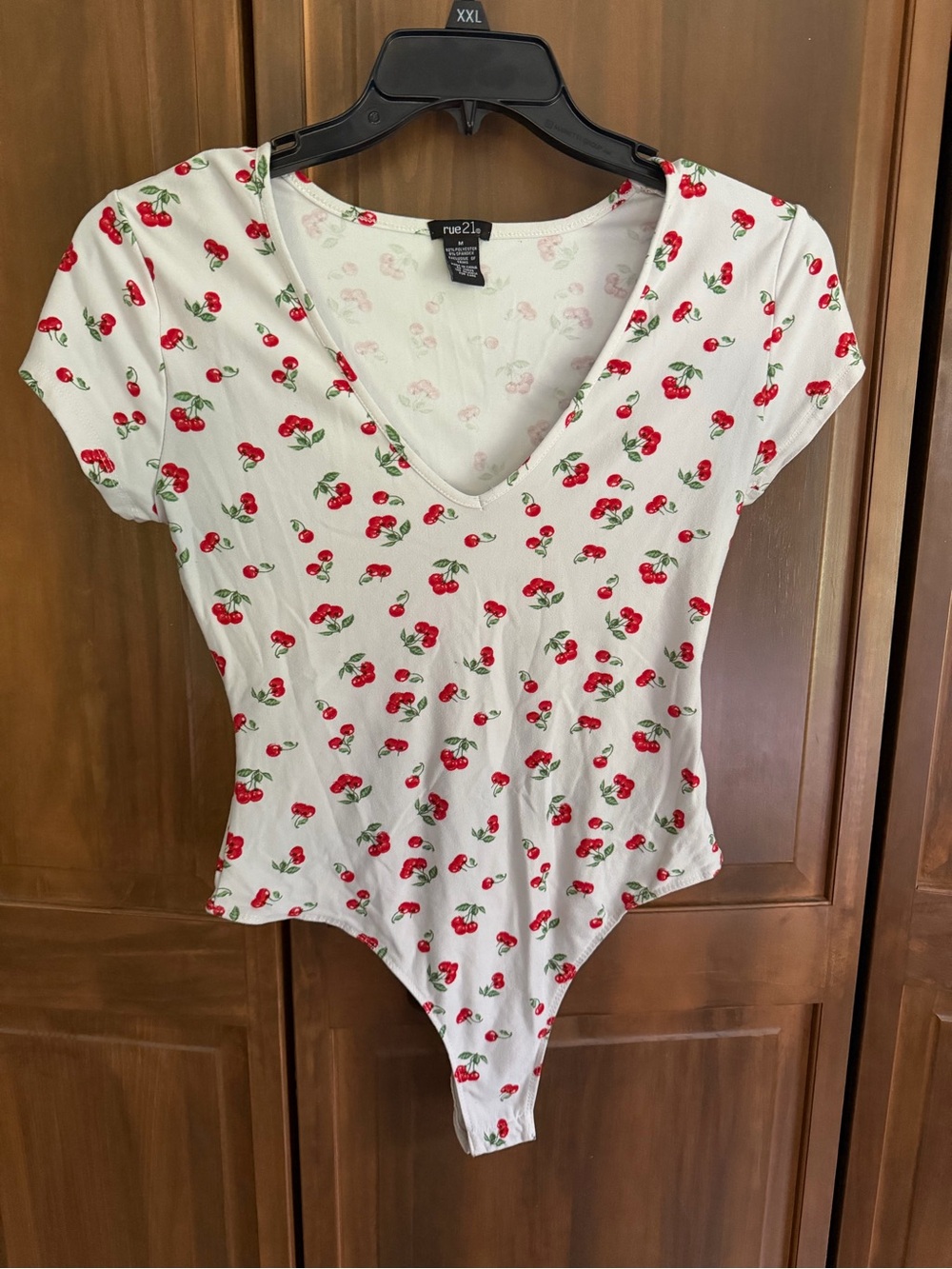 Rue21 White Cherry Print V-Neck Bodysuit Top